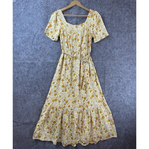 Haven Hearts Dress Small Retro Print Belt Tiered Ruffle Boho Hippie Country Mod